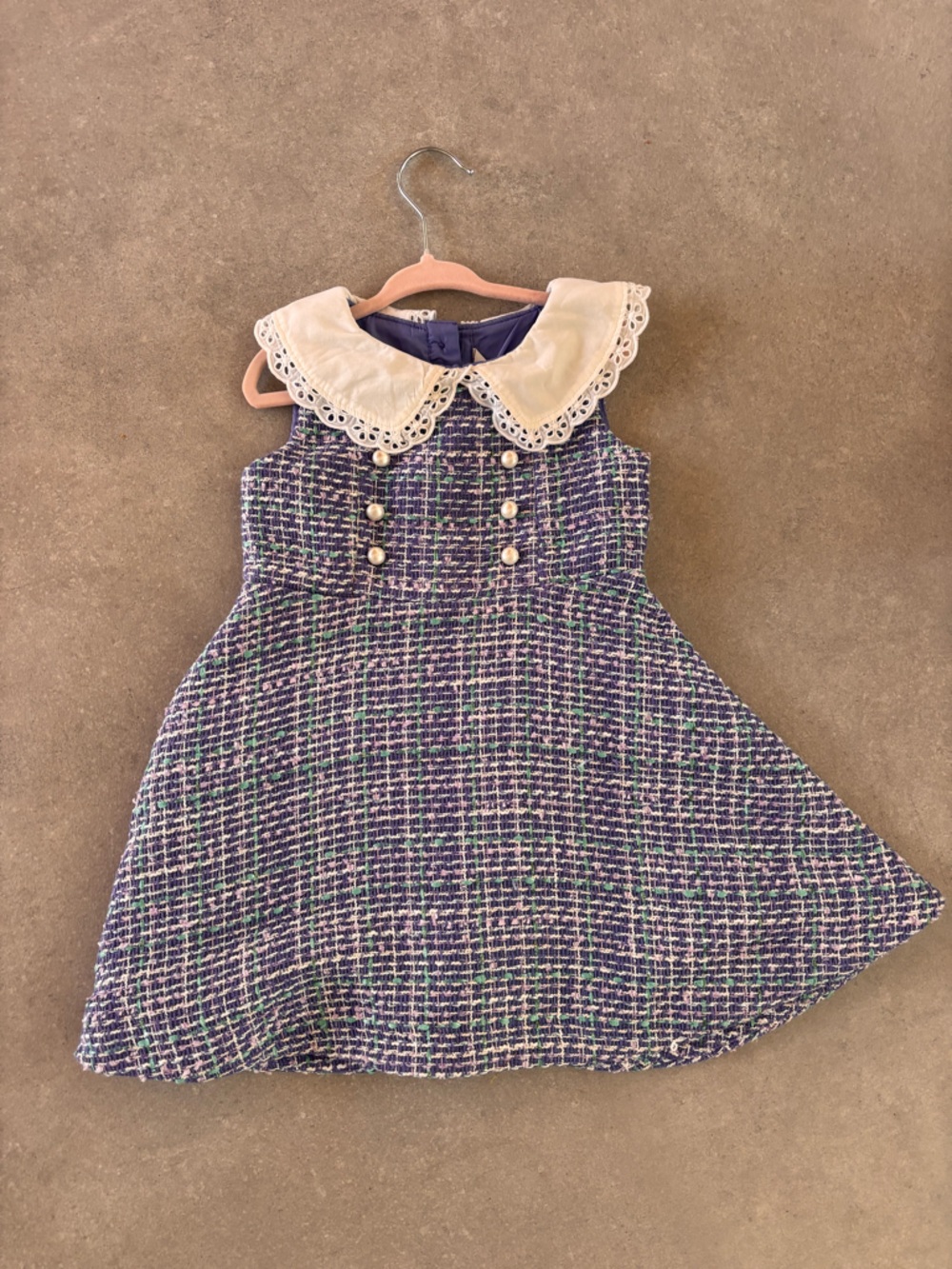 Pearl-Button Tweed Dress with Lace Collar